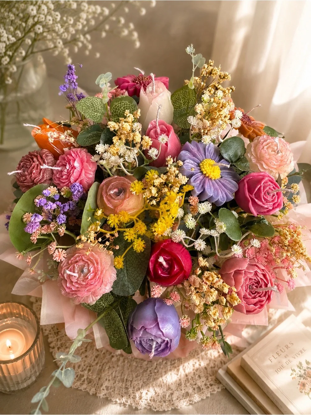 Floral Candle Bouquet Arrangement in Pink and Purple Vase Accent- Handcrafted🕯️✨